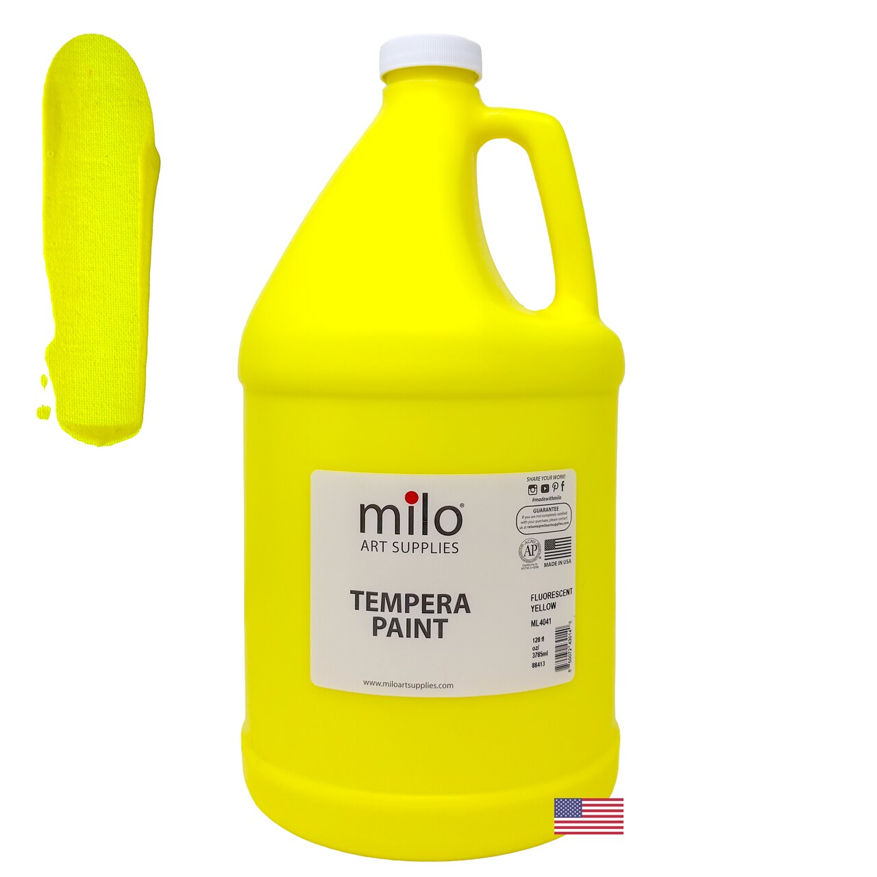 milo Fluorescent Yellow Neon Tempera Paint | 128 oz Bottle, 1 Gallon | Glows UV in Black Light | Non-Toxic Made in USA | Washable Bulk Art Paint for Party, Student, Classroom, Artist